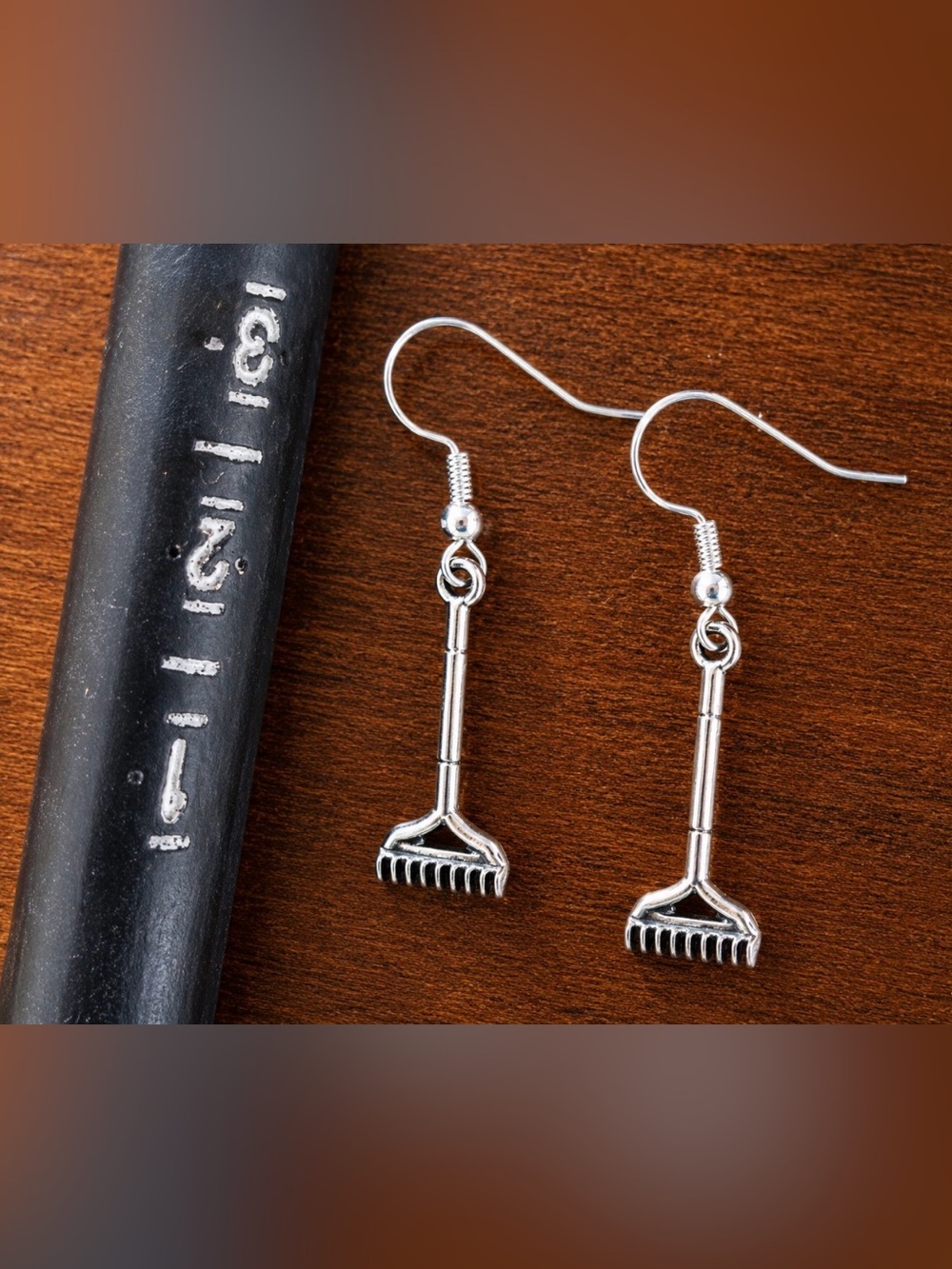 Silver Tone Rake Dangle Earrings Handmade! - Picture 3 of 3